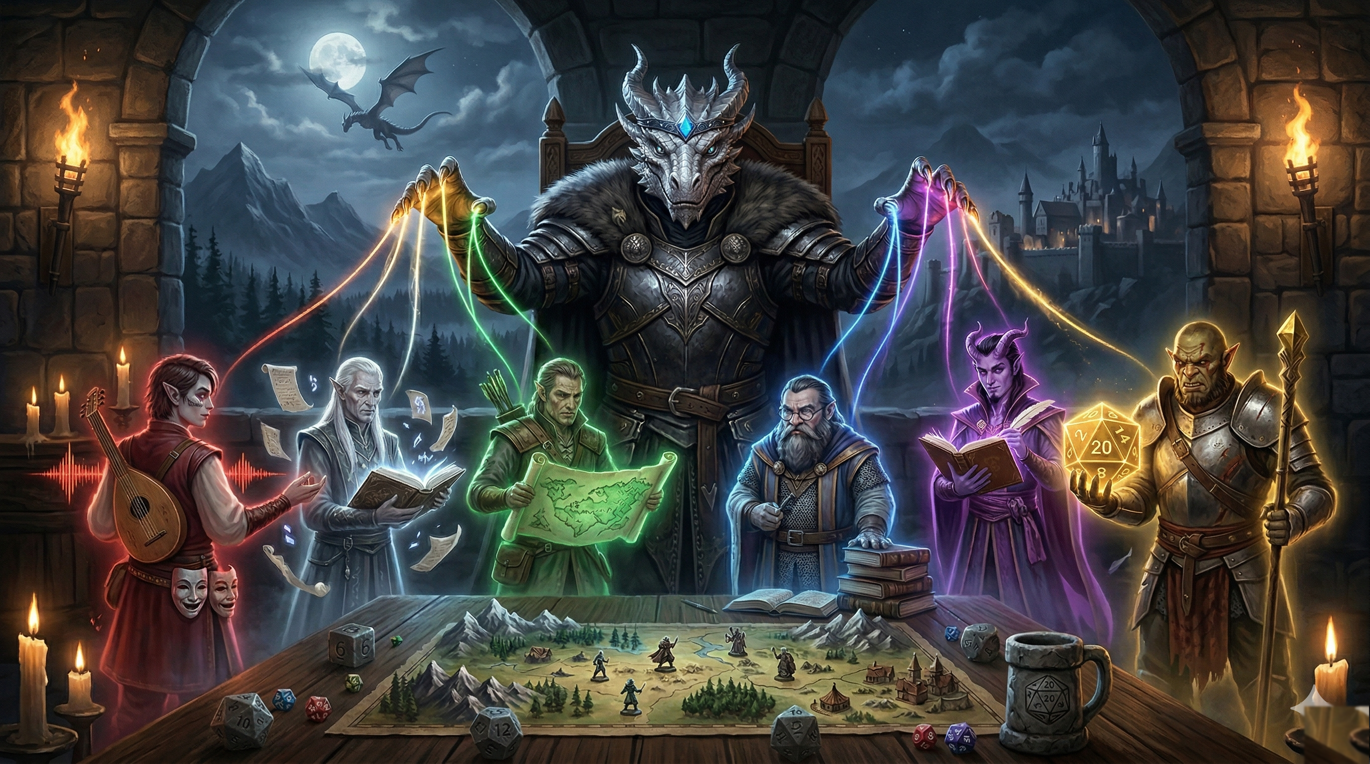 The Architect commands six AI directors around a battle map table